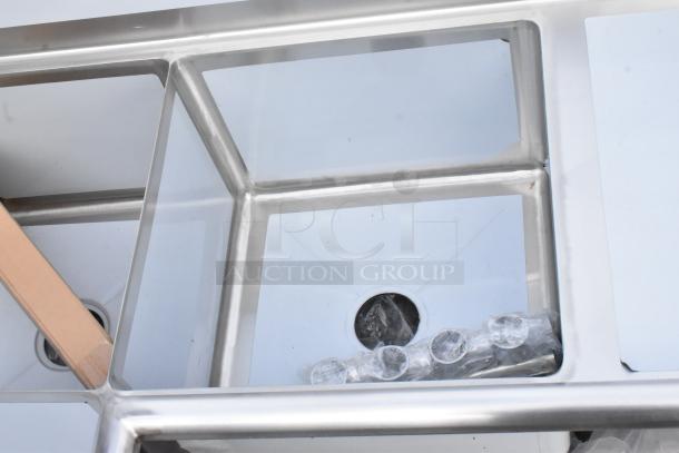Brand new Steelton 57" 18-gauge stainless steel 3-compartment corner sink with two drainboards, scratch and dent condition.
