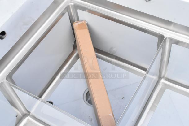 Brand new Steelton 522S31818LRC 57" stainless steel corner sink, 3 compartments, 18-gauge, with 2 drainboards. No legs.