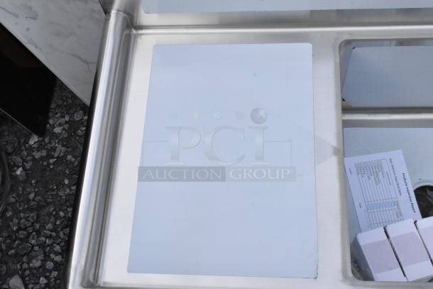 BRAND NEW scratch and dent Steelton 522S31818LRC 57" stainless steel 3-compartment corner sink, 18-gauge, no legs, with drainboards.