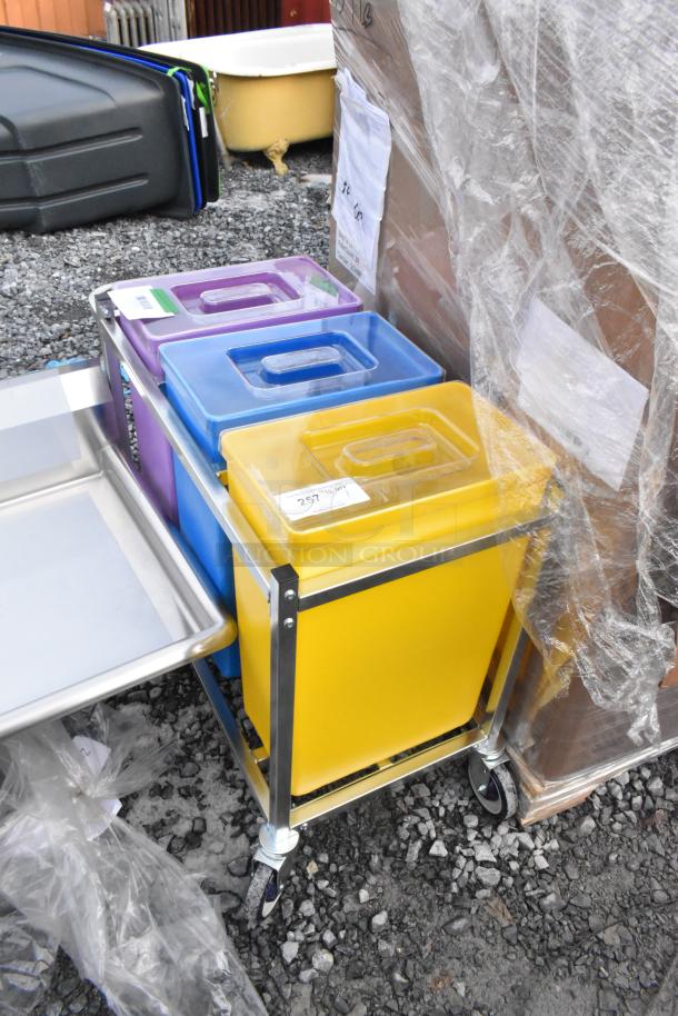 Brand new scratch and dent Baker's Lane 30-gallon triple ingredient bin in yellow, blue, purple. Model 176IBM3BLID. Mobile with casters.