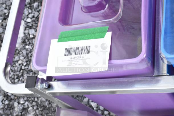 BRAND NEW Baker's Lane 30 Gallon Mobile Triple Ingredient Bin in yellow, blue, and purple. Model: 176IBM3BLID. Scratch and dent condition.