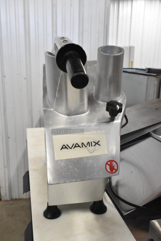 AvaMix 177CFP5D metal commercial food processor, continuous feed, 120 volts, visible logo and safety warning, used condition.