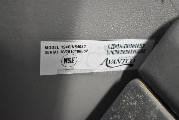 Brand New 2025 Avantco 194BIN54030 stainless steel ice bin, NSF certified, model and serial number labels visible.