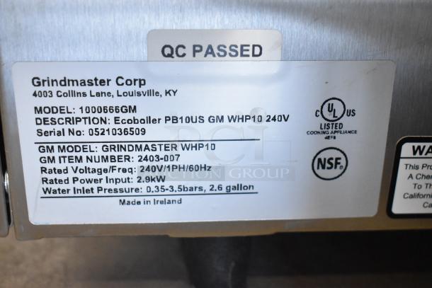 Grindmaster Ecoboiler model 1000666GM, brand new with scratch and dent, stainless steel, 240V, 1 phase, QC passed label.