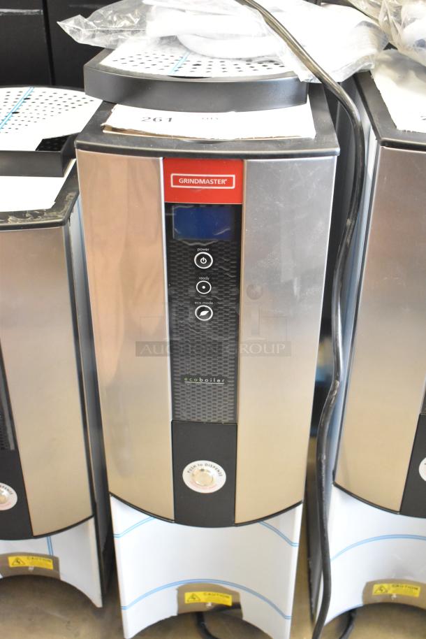 Brand new Grindmaster 1000678GM PB10USG stainless steel hot water dispenser, 240V, 1 phase; minor scratches; control display visible.
