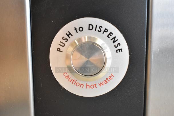 Grindmaster 1000665GM PB5US stainless steel hot water dispenser button, marked "Push to Dispense, caution hot water."
