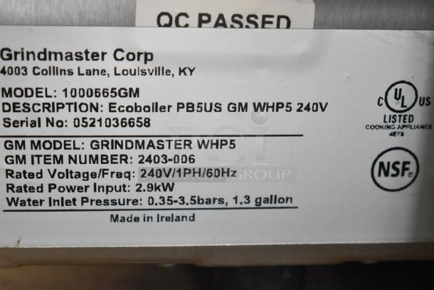 BRAND NEW Grindmaster 1000665GM PB5US Stainless Steel Hot Water Dispenser, 240V, 1 Phase, scratch and dent, with certification labels.