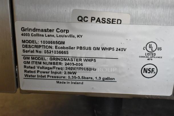 Grindmaster 1000665GM Ecoboiler, stainless steel, 240V, 2.9kW, UL and NSF listed, QC passed, rated power input 2.9kW.