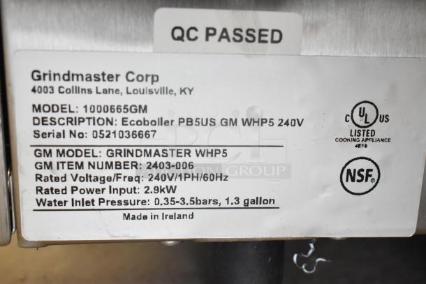 Grindmaster 1000665GM PB5US Ecoboiler, stainless steel, 240V, countertop hot water dispenser, QC Passed, NSF and UL listed.