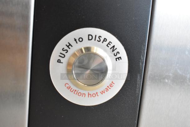 Grindmaster PB10US Ecoboiler hot water dispenser, stainless steel, 240V, scratch and dent. "Push to Dispense" button label.