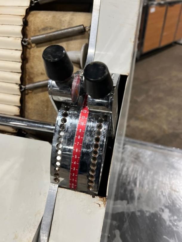 Merand Tenor 2 dough moulder control dial, showing 12 settings. Chrome finish, black knobs, 220V, SN: 01931404.