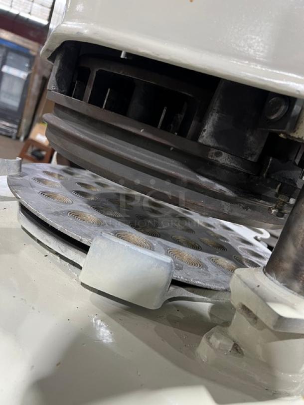 Gemini white electric dough divider/rounder machine with rounding plate, semi-automatic, floor model, visible mechanical parts.