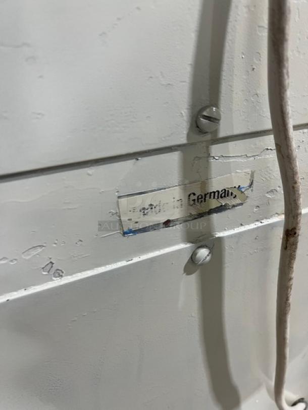 Gemini commercial white dough divider/rounder machine, semi-automatic, with rounding plate. Tag indicates "Made in Germany."