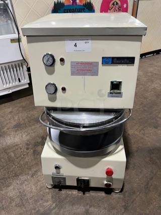 Morello white electric cold system pizza dough spinner/press machine on legs; features gauges and control dials; good condition.