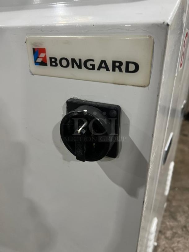 Bongard hydraulic dough divider, white, electric-powered, floor model, serial number 0102584, visible brand logo.