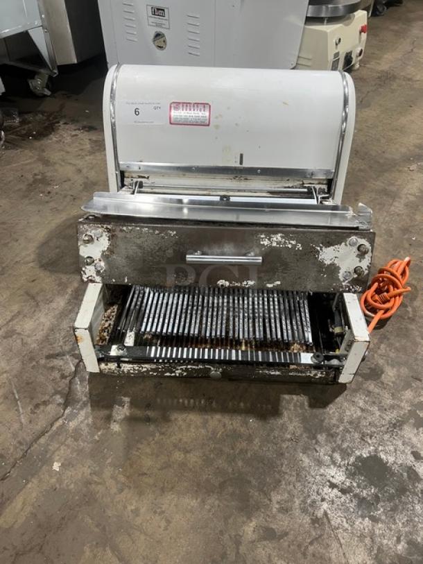 Berkel MB Series electric bread slicer; white, countertop model; used condition; SN: 508MB-416; 115V 1 Phase.