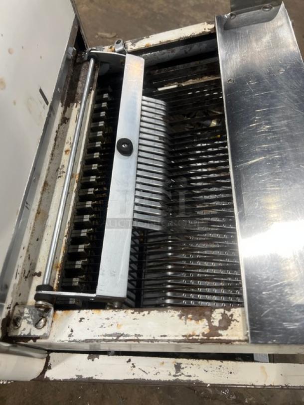 Berkel MB Series commercial countertop bread slicing machine, electric-powered, white finish, serial number 508MB-416, 115V, 1 phase.