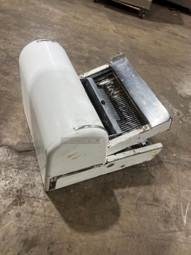 Berkel MB Series white electric countertop bread slicer, SN: 508MB-416, 115V, 1 Phase, used condition with visible wear.