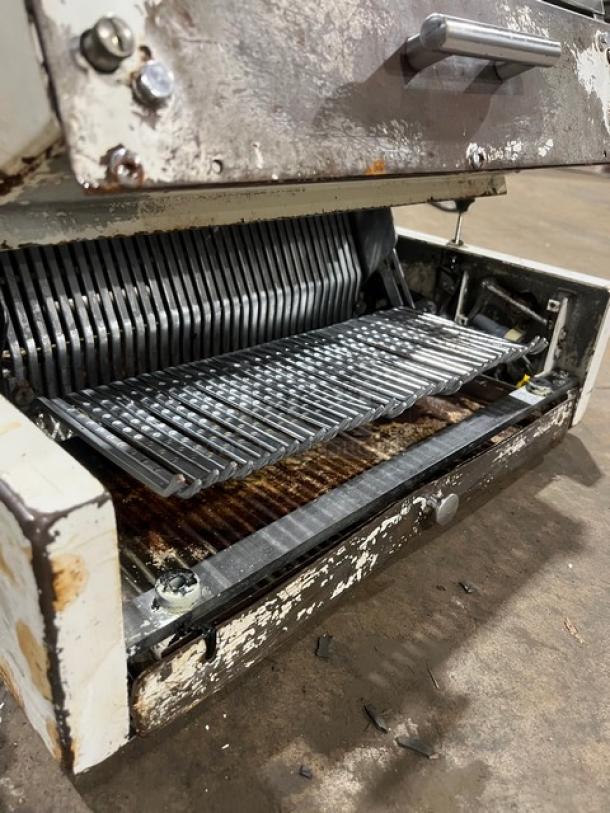 Berkel MB Series white electric countertop bread slicer with visible wear, SN 508MB-416, 115V 1 Phase.