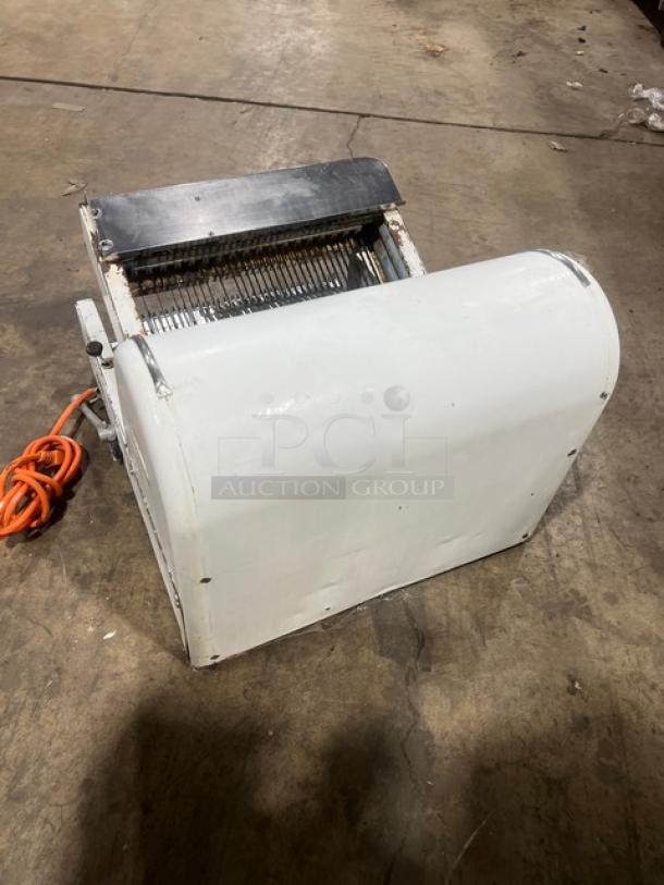 Berkel MB Series commercial white electric bread slicing machine, SN: 508MB-416, 115V 1 Phase, countertop, used condition.