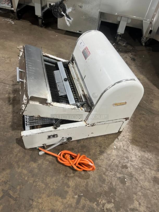 Berkel MB Series commercial white electric bread slicer, countertop model, SN: 508MB-416, 115V, 1 phase, visible wear.