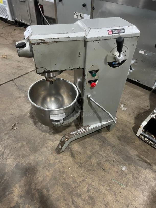 Univex SRM20 20 Qt. Planetary Mixer, commercial floor style, stainless steel bowl, used condition, 115V, on legs.
