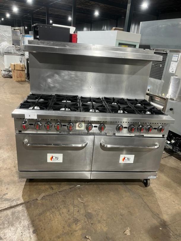 CPG S60N 60" stainless steel range, 10 burners, double oven, backsplash with overhead salamander shelf, on casters.