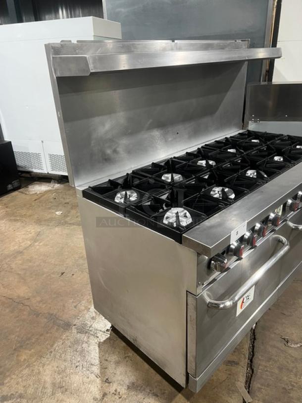 CPG commercial stainless steel 60" 10-burner range with double oven, model S60N. Includes backsplash, salamander shelf, and casters.