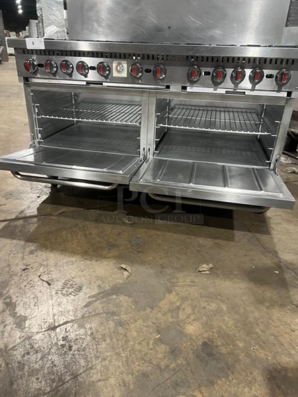 CPG stainless steel 60" 10 burner range with double oven, backsplash, overhead salamander shelf, and oven rack. Model S60N.