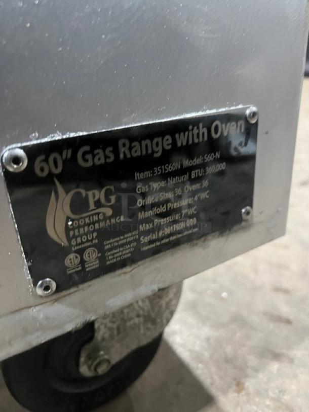 CPG Commercial Stainless Steel 60" Gas Range with Double Oven, Model S60-N, serial 081760N009, on casters.