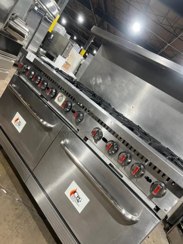 CPG S60N stainless steel 60" range with 10 burners, double oven, backsplash, salamander shelf, and casters. Natural gas.