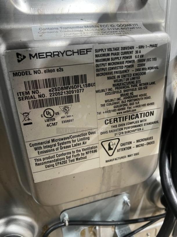 MerryChef Eikon E2S high-speed cook oven label, showing serial number 2205213091077, 208/240V, 1 phase, manufactured May 2022.