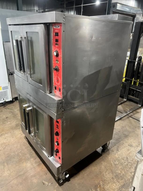 Vulcan SG4D-1 double stacked convection oven, stainless steel, natural gas, on casters, with wired rack, commercial use.