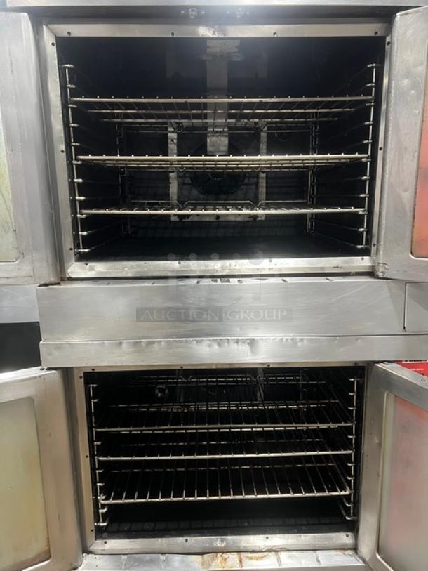 Vulcan SG4D1 stainless steel double stacked convection oven, natural gas, with wired racks, on casters, model SG4D-1.