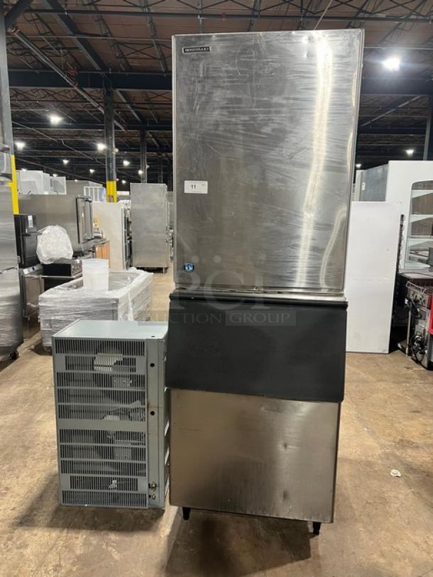 Hoshizaki stainless steel modular crescent cube ice maker KM1340MRJ/B-500PF, on legs. Electric, 208-230V, 1 phase.