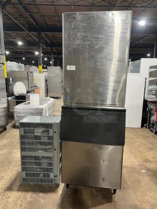 Hoshizaki stainless steel modular crescent cube ice maker KM1340MRJ/B-500PF, on legs. Electric, 208-230V, 1 phase.