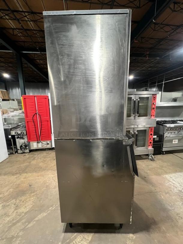 Hoshizaki KM-1340MRJ/B-500PF ice machine, stainless steel, modular crescent cube style, 208-230V, 1 phase, on legs.