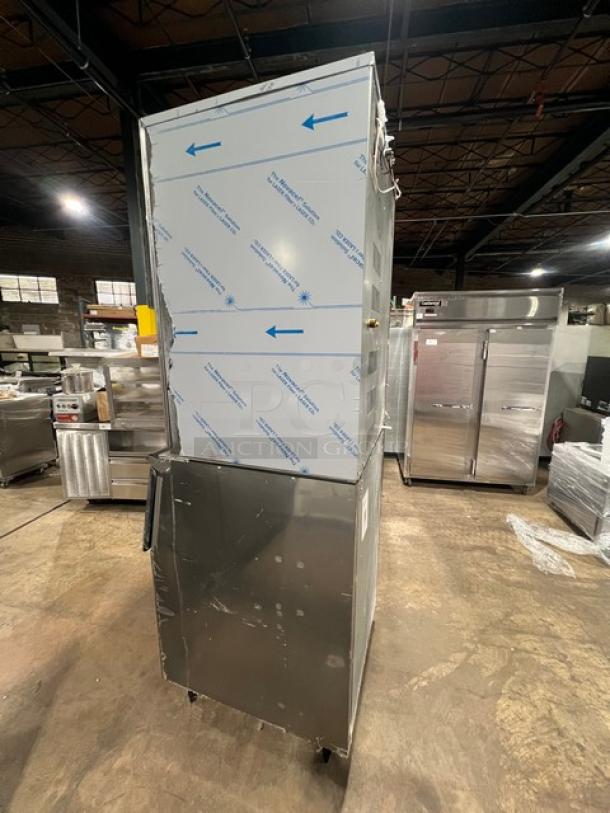 Hoshizaki KM1340MRJ/B-500PF ice maker, stainless steel, crescent cube style, electric, 208-230V, 1 phase, on legs, protective wrapping.