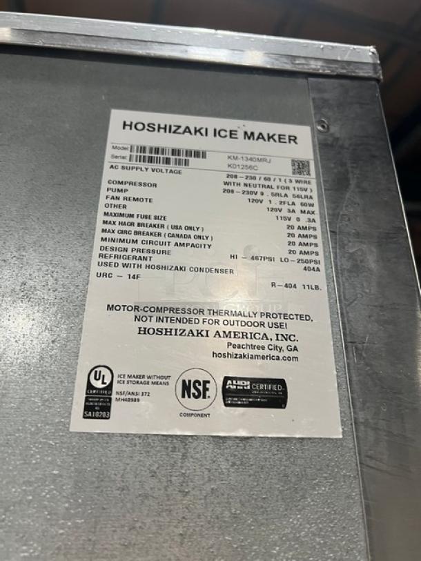 Hoshizaki ice maker label, model KM-1340MRJ, 208-230V, 1 phase. Contains specifications, certification marks, and warnings.