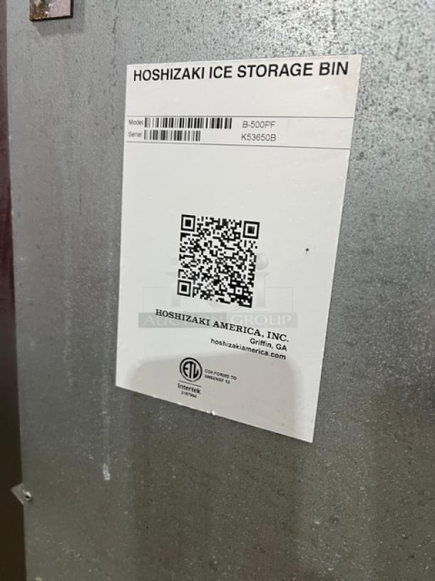 Hoshizaki KM-1340MRJ/B-500PF ice machine tag showing model, serial numbers, QR code, and electrical information.