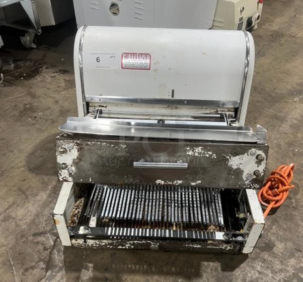 Berkel MB Series electric bread slicer; white, countertop model; used condition; SN: 508MB-416; 115V 1 Phase.