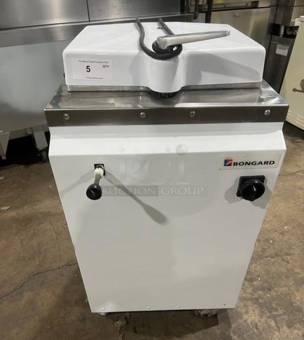 Bongard commercial white hydraulic dough divider, electric-powered, floor model, SN: 0102584, in used condition.