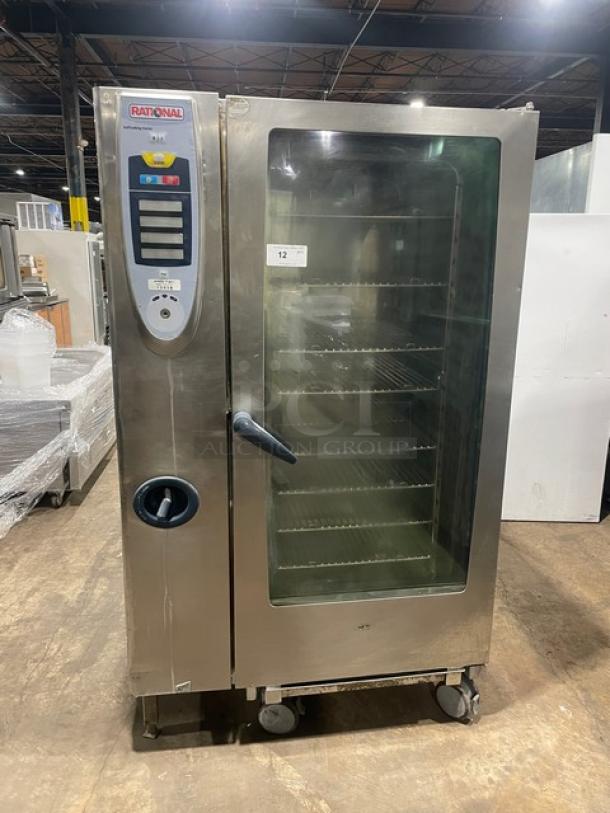 Rational SCC202 SelfCooking Center stainless steel electric combi oven on casters, with wired rack, model SCC202, 208V, 3-phase.