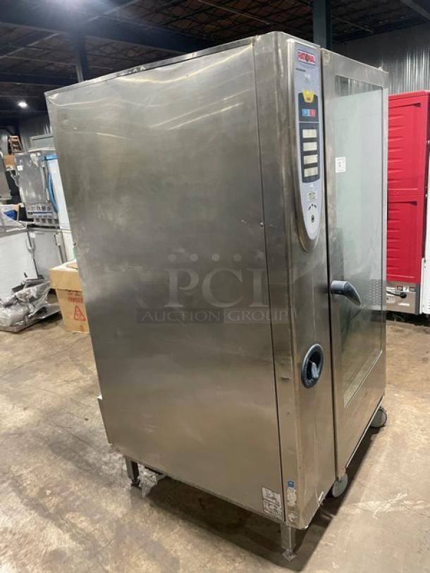 Rational SelfCooking Center SCC202 commercial combi oven, stainless steel, electric, with wired oven rack, on casters.