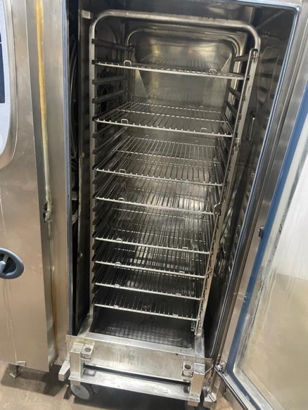 Rational SCC202 SelfCooking Center Combi Oven, stainless steel, full-size, electric, on casters, with wired oven rack.