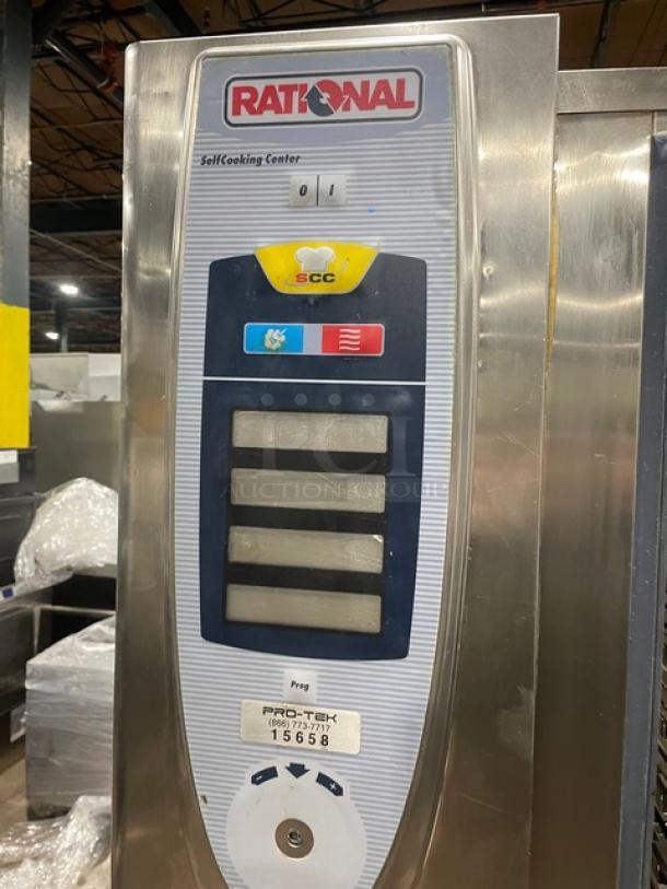 Rational SelfCooking Center SCC202, stainless steel combi oven, full-size, electric, 208V 3-phase, on casters, wired rack included.