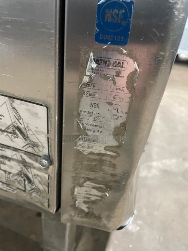 Rational SelfCooking Center SCC202, commercial stainless steel combi oven with wired rack, 208V 3 phase, on casters, NSF certified.