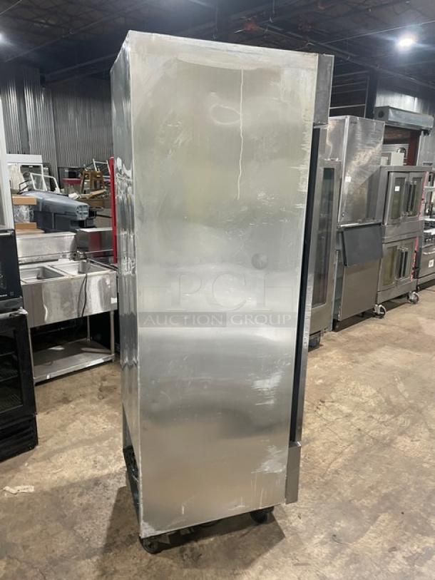 True T-23F stainless steel single door reach-in freezer on casters, poly coated wire rack, Energy Star, 115V, 1 Phase.