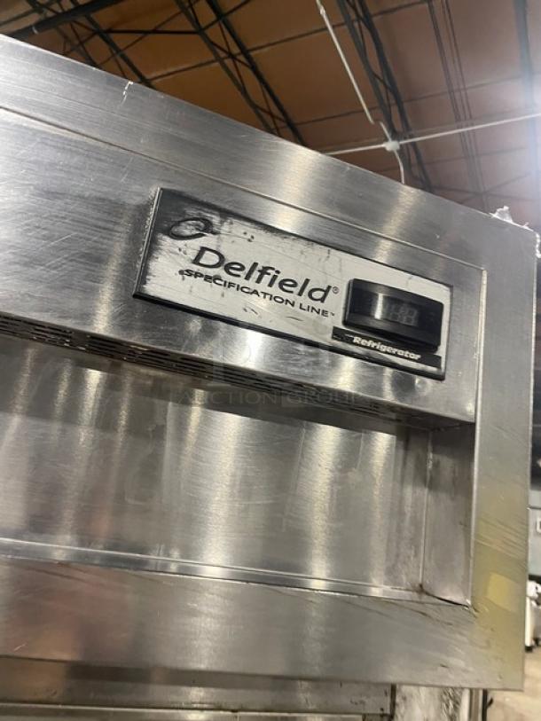 Delfield Specification Line commercial stainless steel refrigerator, model SMR1N-SH13, featuring digital display.
