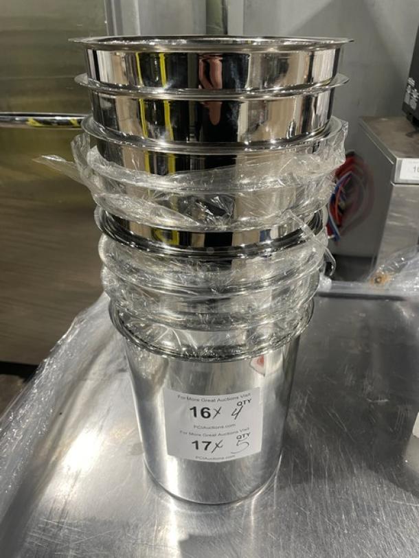 New Adcraft BMP-8 8 Quart Bain Marie Pot, Commercial Stainless Steel, Mirror Finish, Unused. Auction label visible.